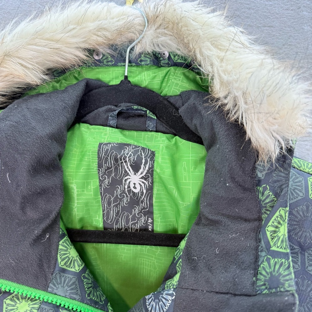 Spyder Women’s ski snow Coat Hooded faux fur trim full zip Jacket Green grey XS - Picture 2 of 9